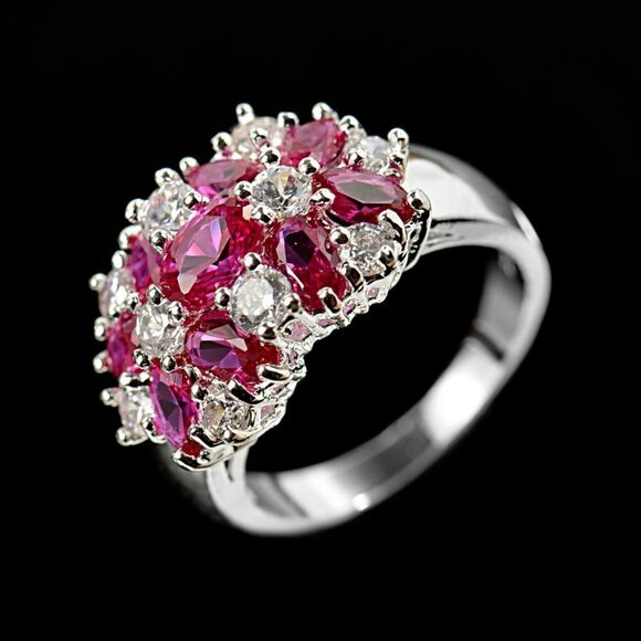 ⚡Shiny 925 Silver Plated Pink Halo Diamond Wedding Ring, MLNN1328 - Picture 1 of 2